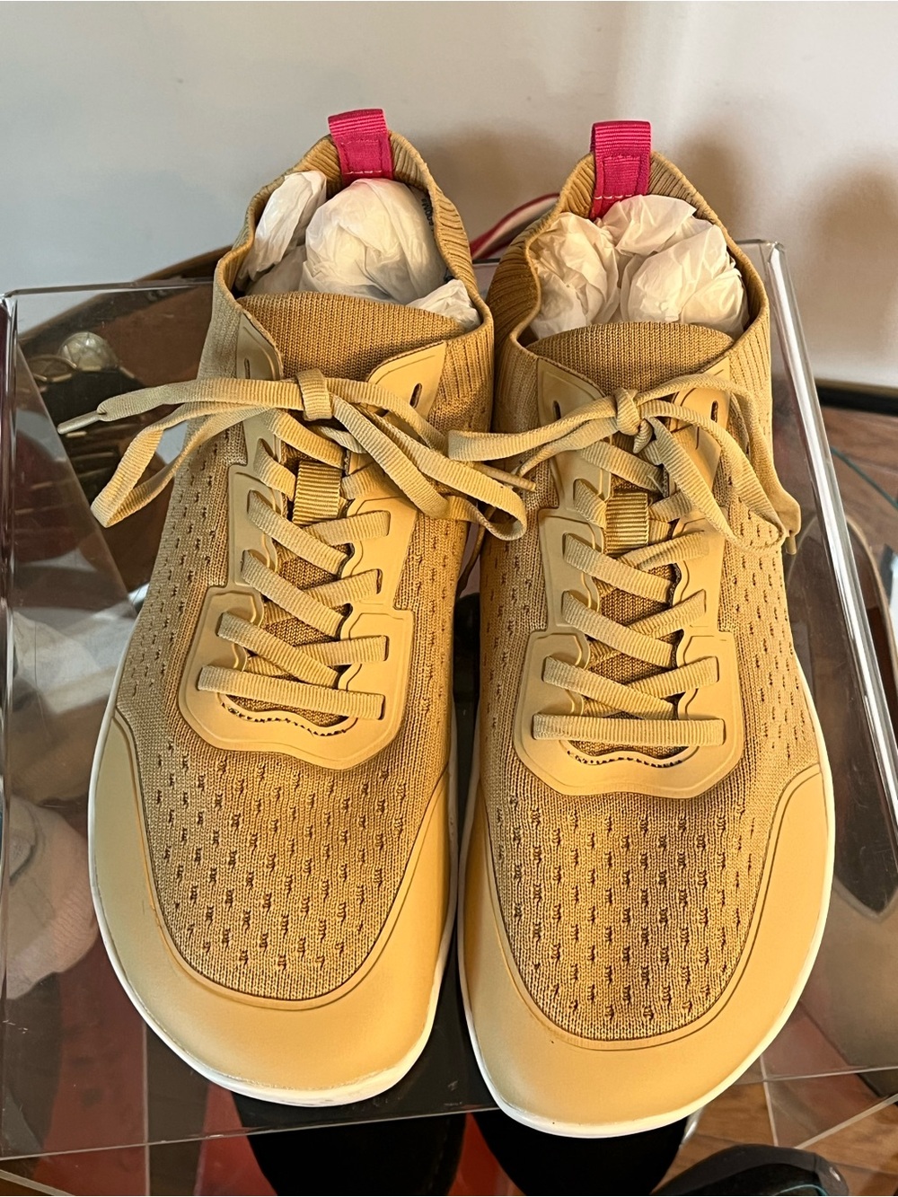 Peak Footwear Unisex Knit Athletic Sneakers in Tan with Pink Heel Tab